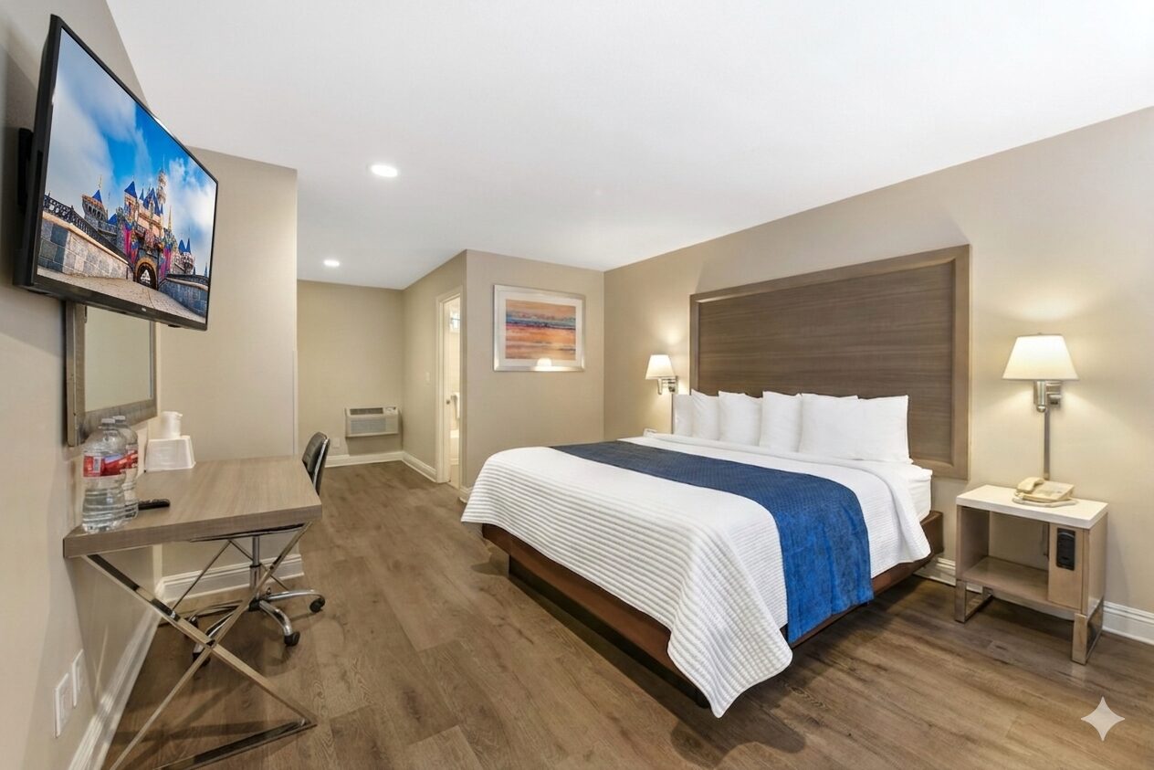 Hotel 414 Anaheim single king or queen guest room with bed, desk, chair, television, bathroom.