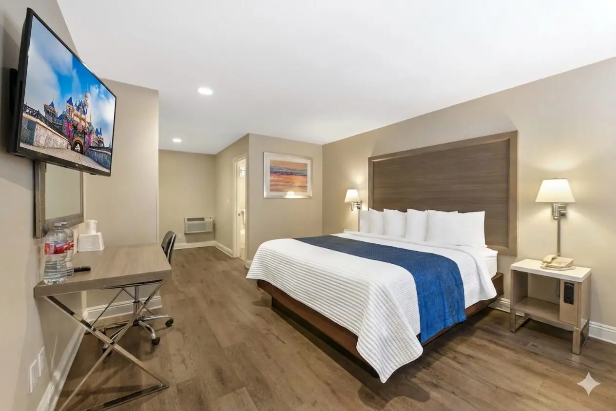 Hotel 414 Anaheim single king or queen guest room with bed, desk, chair, television, bathroom.