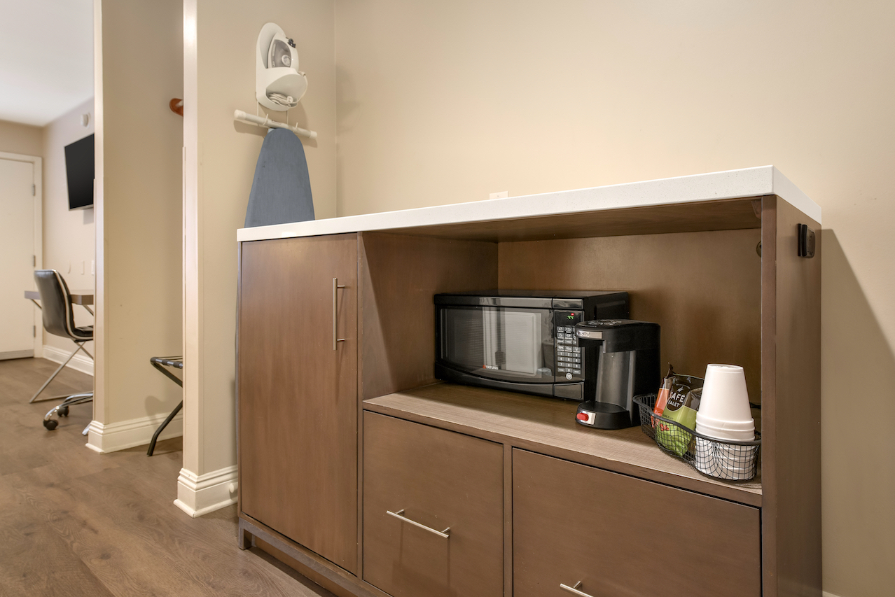 Hotel 414 Anaheim microwave, coffee, iron.